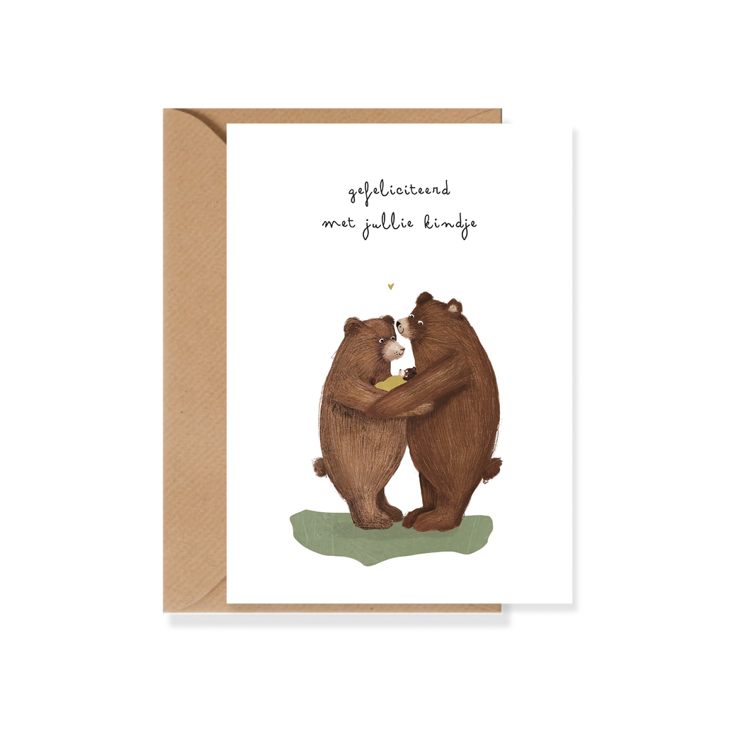 Kaartje geboorte Beren met baby met envelop (B2B)