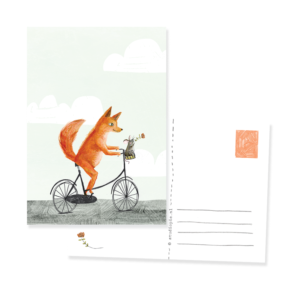 Ansichtkaart Vos en muis op fiets (B2B)