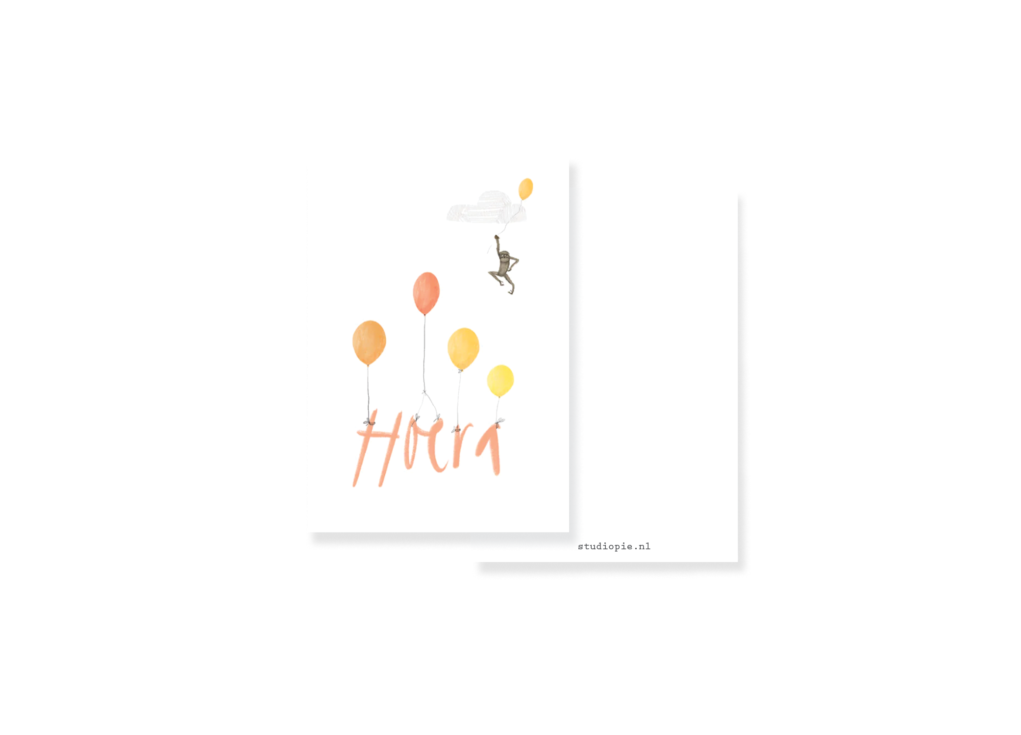 Minikaartjes aap met ballonnen Hoera! - setje 5 stuks