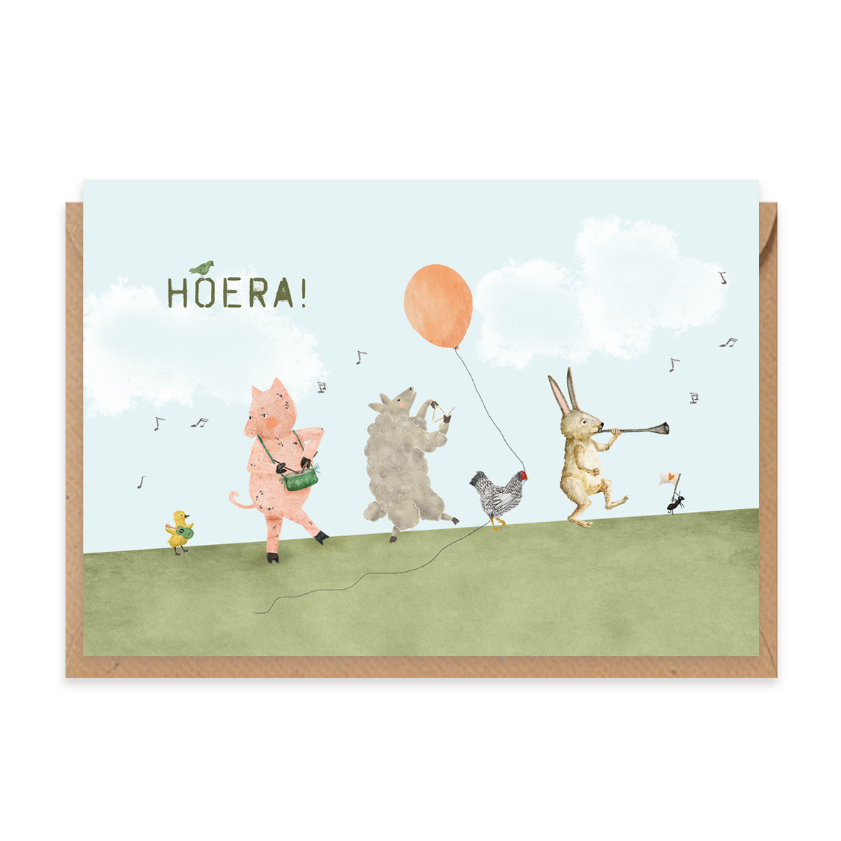 wenskaartje dierenparade met instrumenten