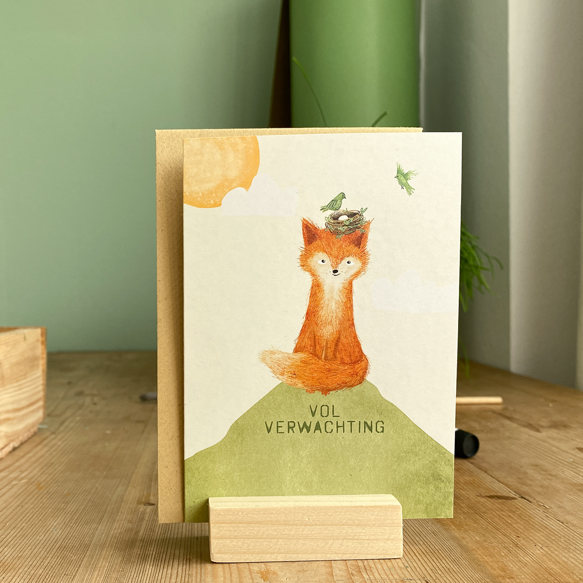 Wenskaartje Vosje met vogelnestje - zwanger