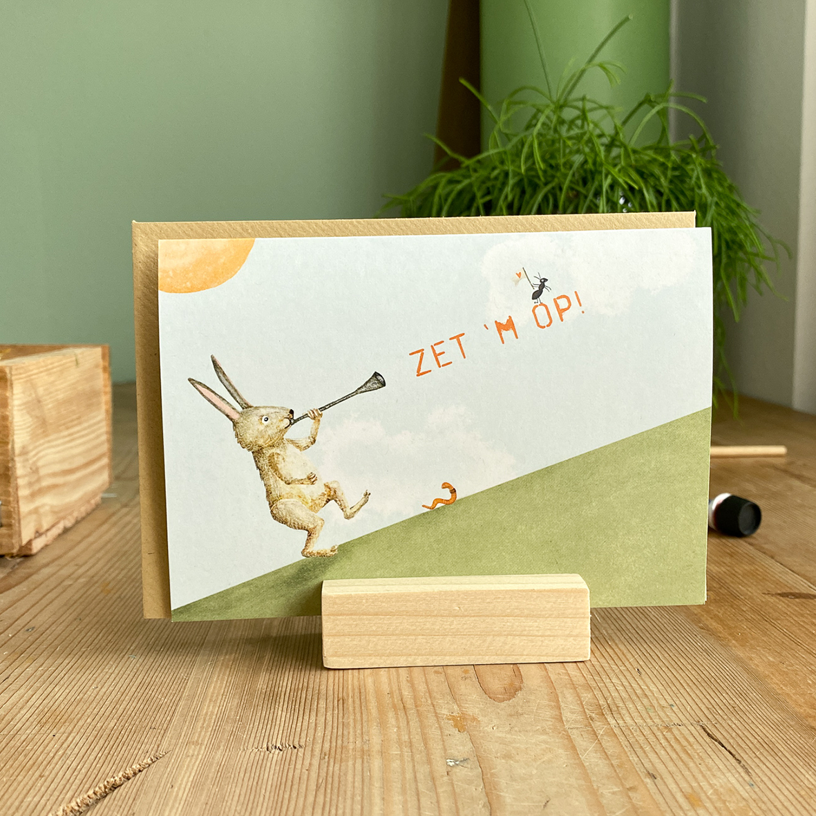 Wenskaartje Zet 'm op - Haas met toeter