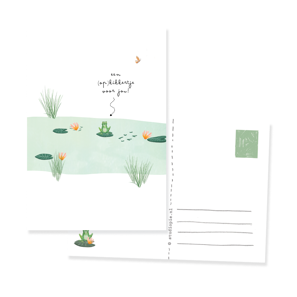 Ansichtkaartje (op)kikkertje, met een kikker in een vijver