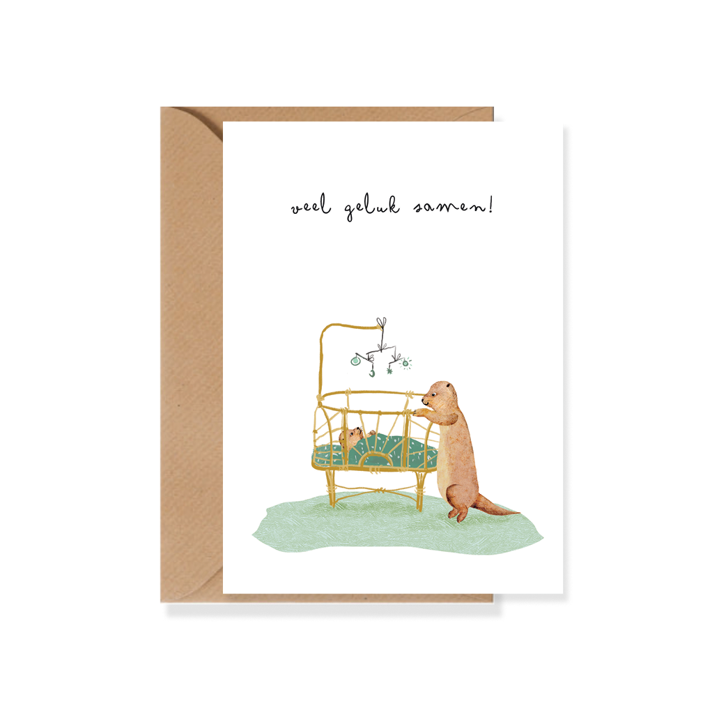 Kaartje geboorte Baby otter in wiegje met envelop
