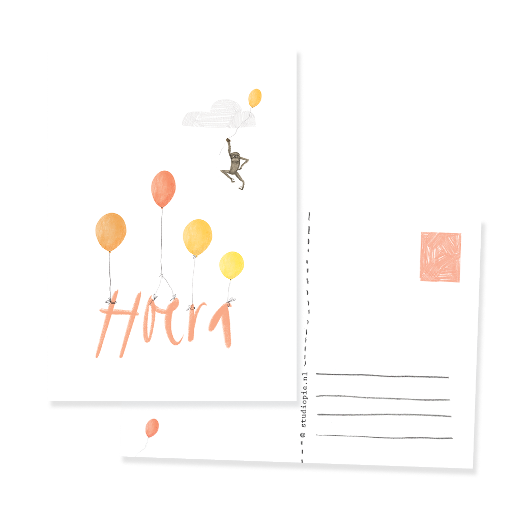 Ansichtkaart Aap met ballonnen Hoera