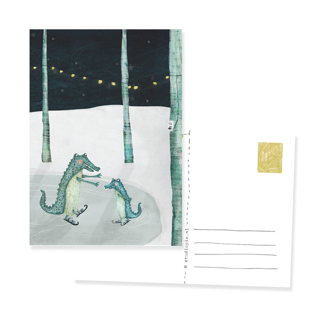 Ansichtkaart Krokodil leert schaatsen