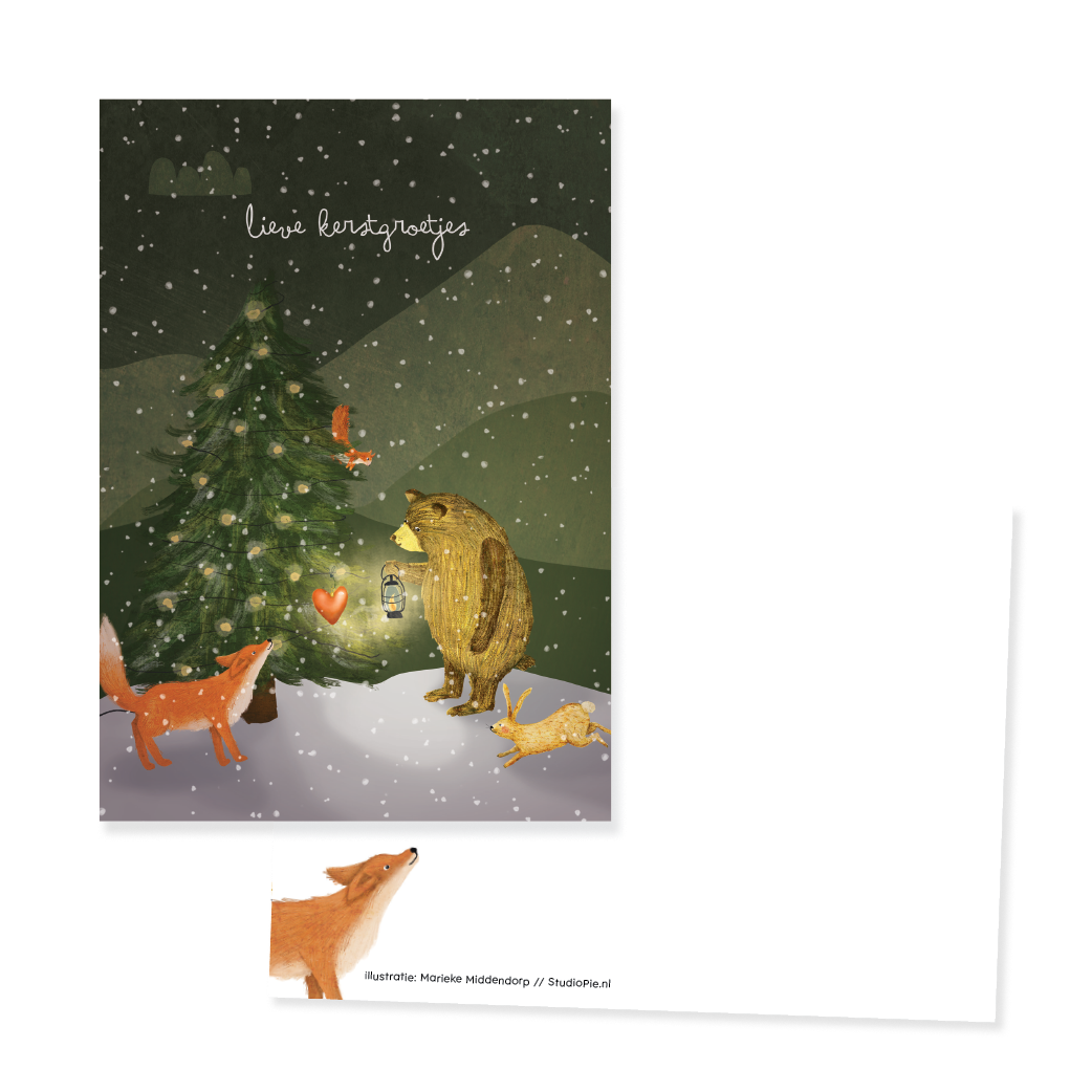 Kerstkaartje Tekening beer, licht en liefde
