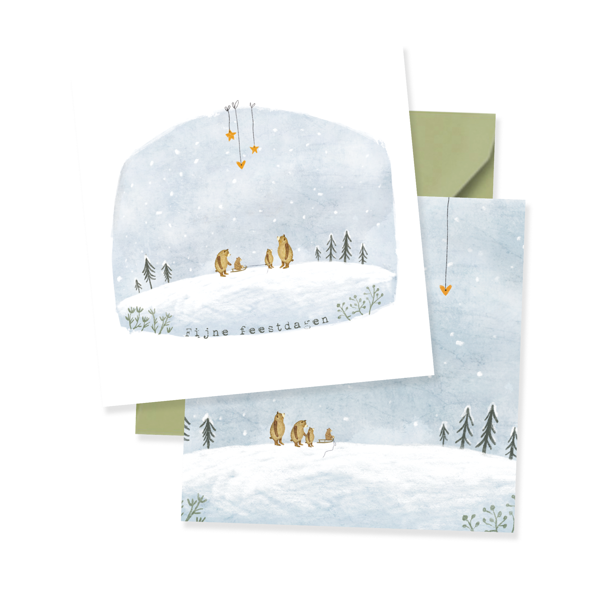 Kerstkaartje Berenfamilie met 2 kindjes in de sneeuw
