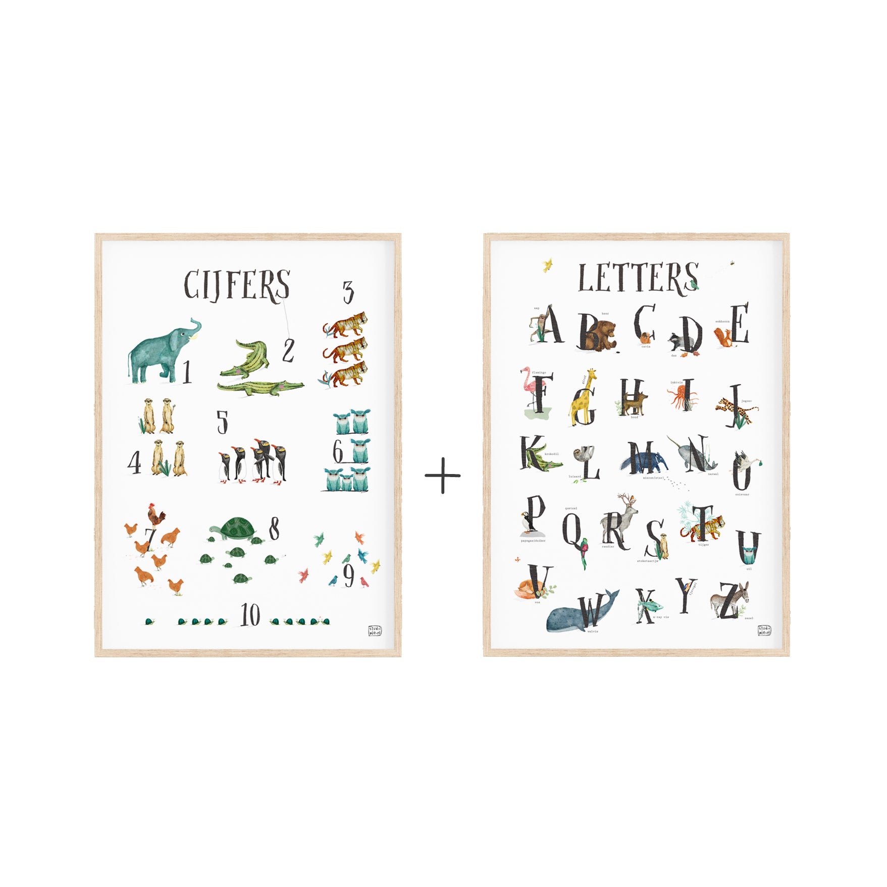 Set van 2 dierenalfabet posters Letters en Cijfers  A4